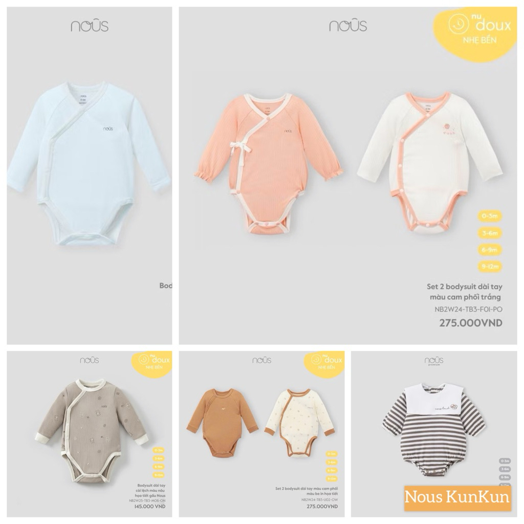 bodysuit dài tay Nous chất mềm mại cho bé trai, bé gái