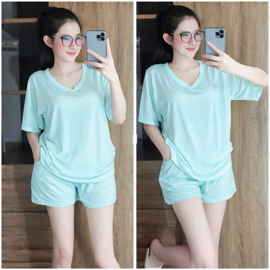 Bộ Ngủ , Mặc Nhà Thun Lạnh Cổ Tim Quần Đùi