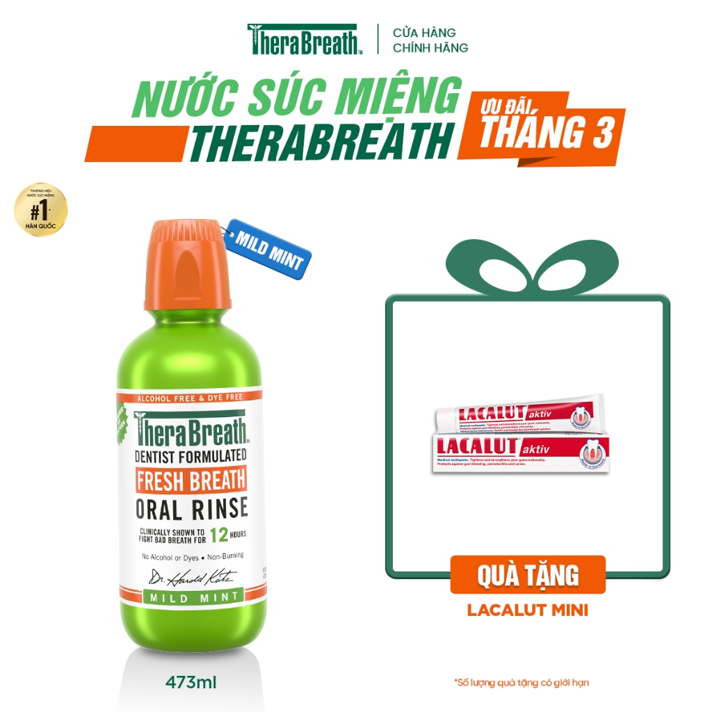 TheraBreath Nước Súc Miệng Không Cồn 473ml - Vị Mild Mint không cay - Làm sạch và thơm miệng cho răng miệng nhạy cảm