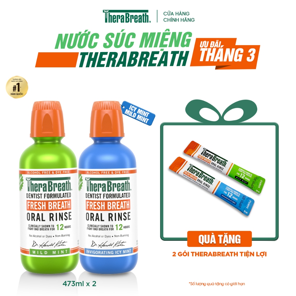 Bộ 2 Nước Súc Miệng TheraBreath Fresh Breath 473ml - Mild Mint & Icy Mint - Làm sạch, thơm miệng, bảo vệ hơi thở 12h