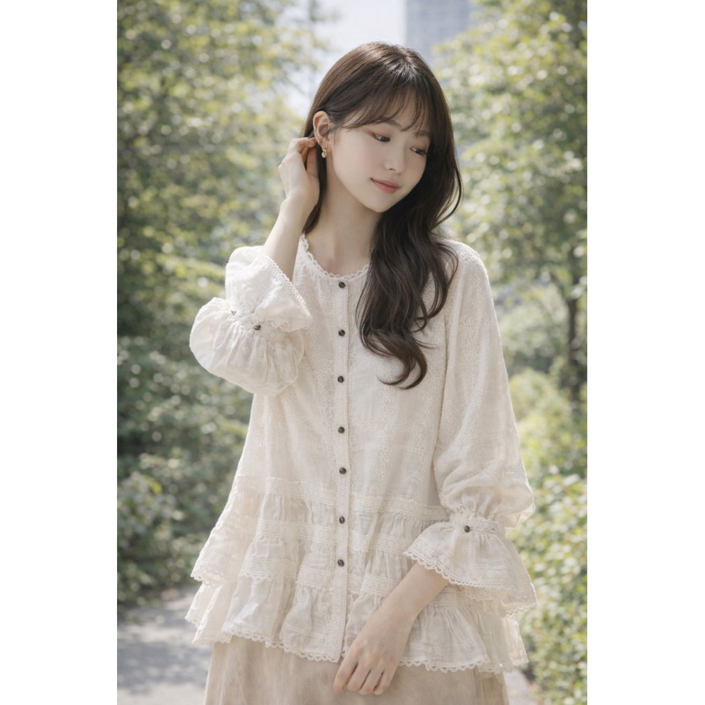 Elyna-studio   Áo Kiểu Babydoll Ren Hoa Tay Phồng Phong Cách Hàn Quốc