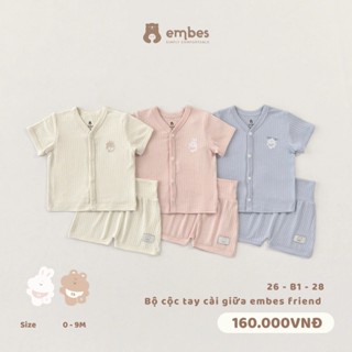Bộ Cộc Sơ Sinh Embes, Bộ Cộc Tay Cài Thẳng Phối Quần Cạp Cao Chất Tăm Mềm Mại Cho Bé Từ 0-9 Tháng