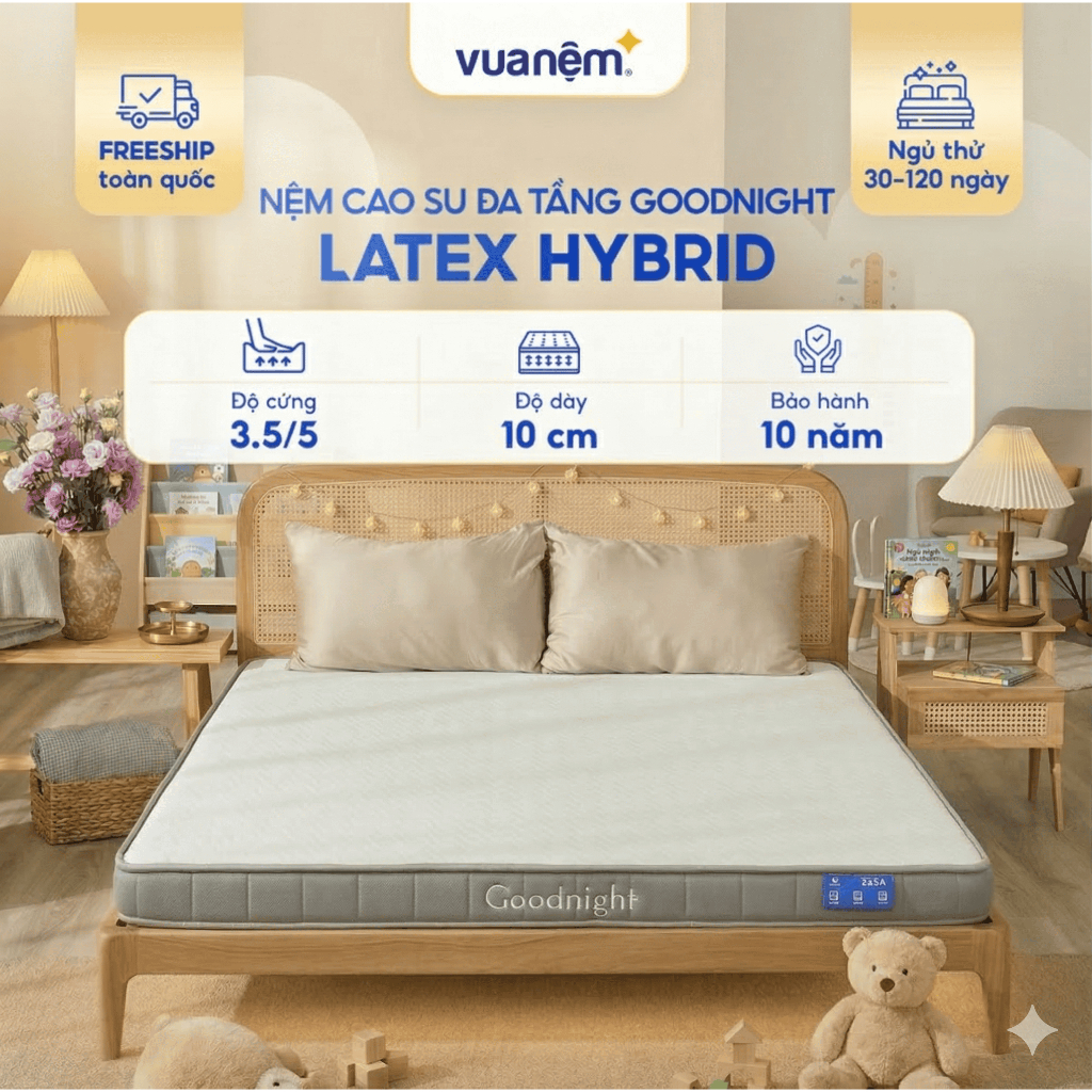 Nệm cao su non Goodnight Latex Hybrid, foam kết hợp cao su cứng vừa, phù hợp người đau lưng