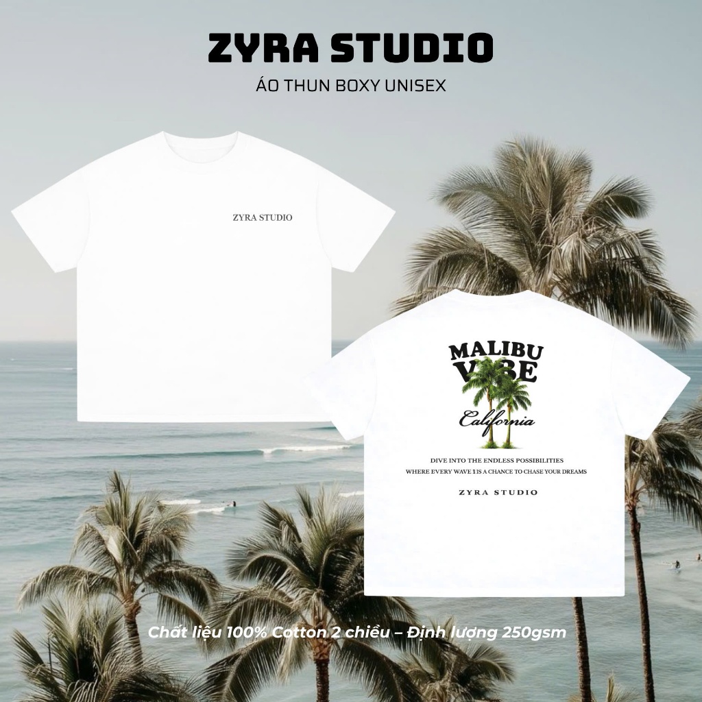 Áo Thun Trắng Malibu Vibe ZYRA STUDIO Form Rộng Unisex Cotton Mát Mùa Hè