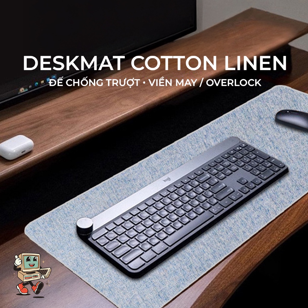 Tizo Computer Mousepad / Deskmat 4mm | Vải Cotton Linen | Đế Cao Su Chống Trượt | Viền May Overlock