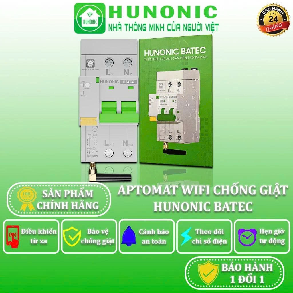 Aptomat WIFI  Chống Giật  Thông Minh HUNONIC Batec, Thiết Bị Bảo Vệ An Toàn Điện,Điều khiển từ xa