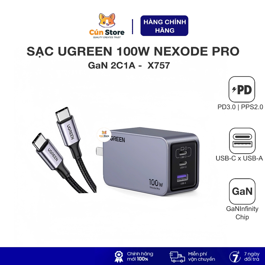 Bộ sạc nhanh GaN 100W Ugreen Nexode Pro X757 - 3 cổng 2C1A, hỗ trợ PD, PPS 2.0 nhỏ gọn | BH 12 tháng