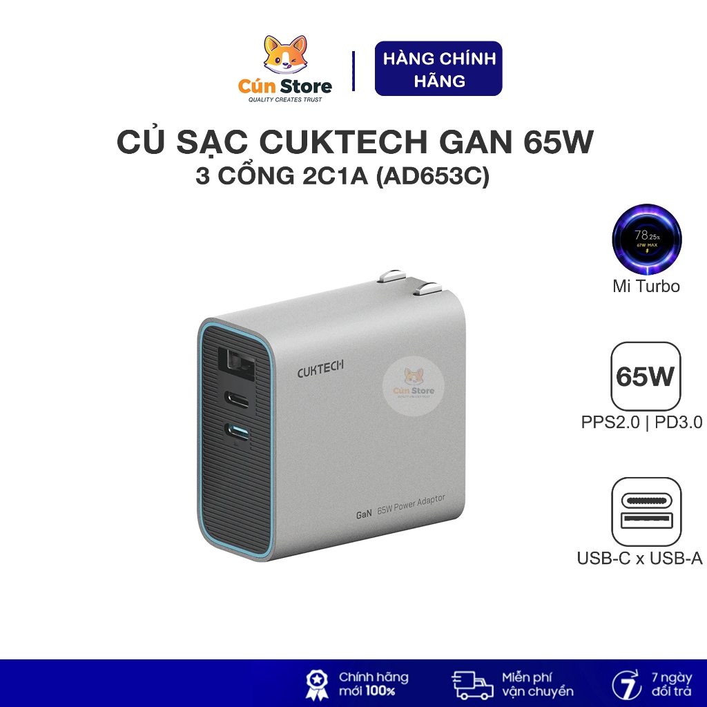 Củ sạc Cuktech GaN 65W - AD653C, 3 cổng 2C1A hỗ trợ PD3.0 QC3.0, PPS 2.0 nhỏ gọn | Bảo hành 18 tháng