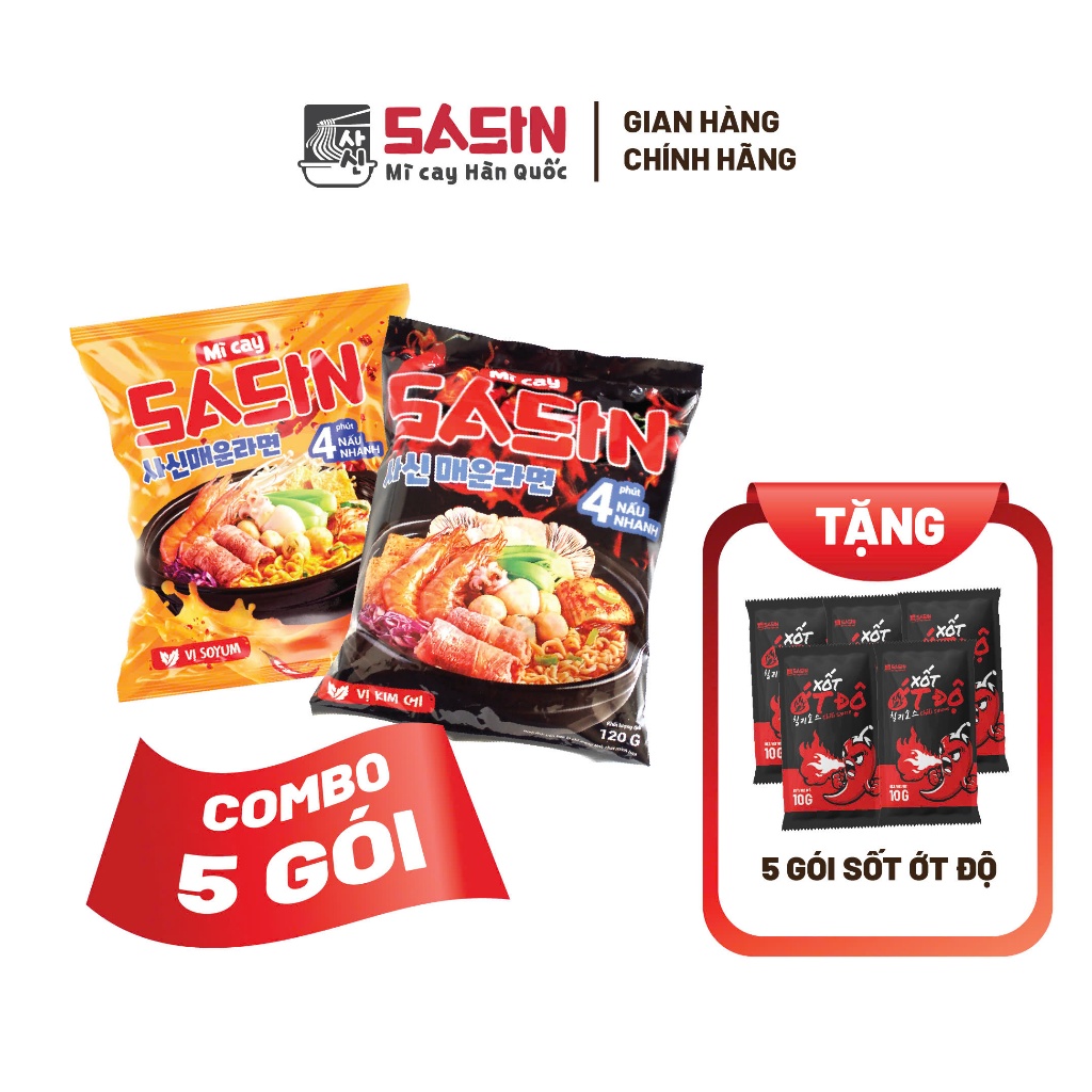 Mì Cay Sasin (Combo 5 gói mì + 5 gói ớt độ) (Chọn vị)