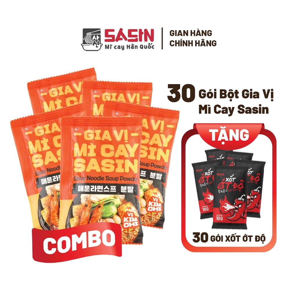 Mì Cay Sasin (Combo 30 Gói Gia Vị Mì Cay Hoàn Chỉnh Vị Kim Chi + 30 Ớt Độ) TGVI0069