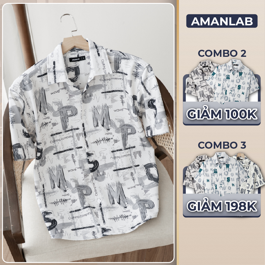 Áo sơ mi tay ngắn, chất vải Cotton Piqué thoáng mát, không nhăn, họa tiết chữ in LIMO AMANLAB