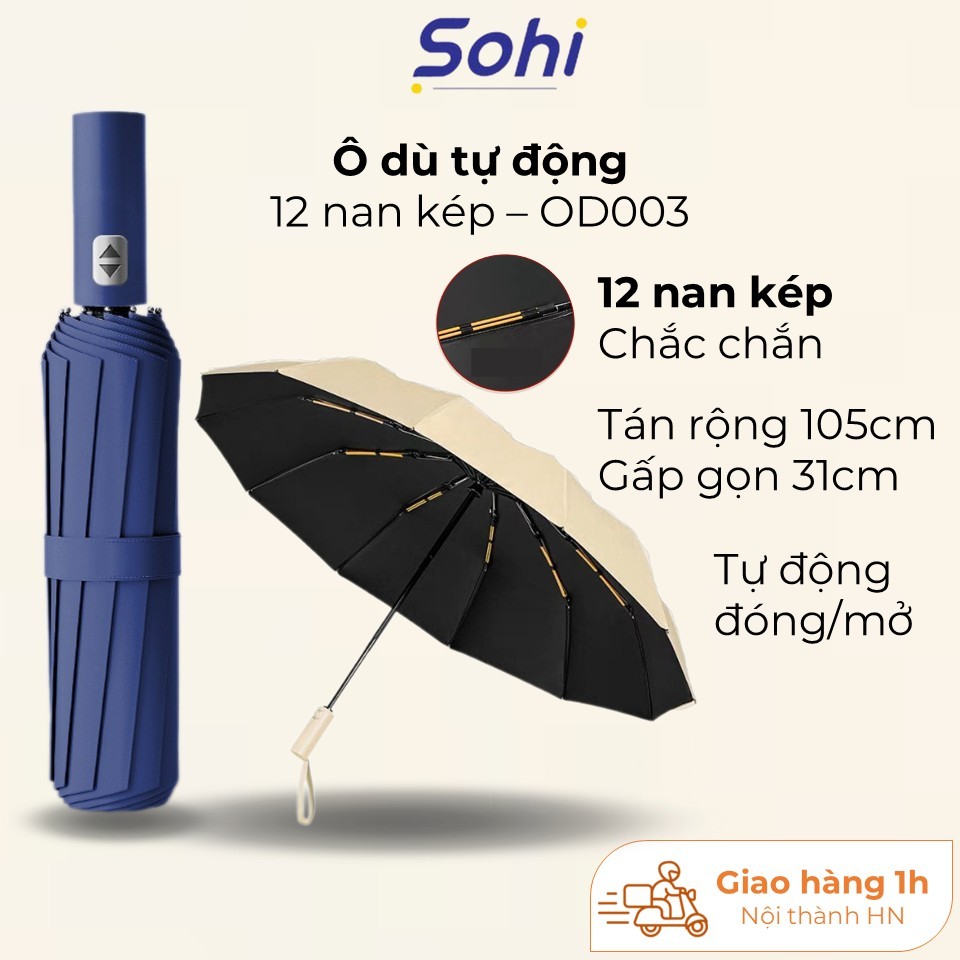 Ô gấp gọn tự động 12 nan kép, ô dù che mưa nắng mini chống tia UV tự động đóng mở nhỏ gọn, tán ô rộng nhiều màu lựa chọn