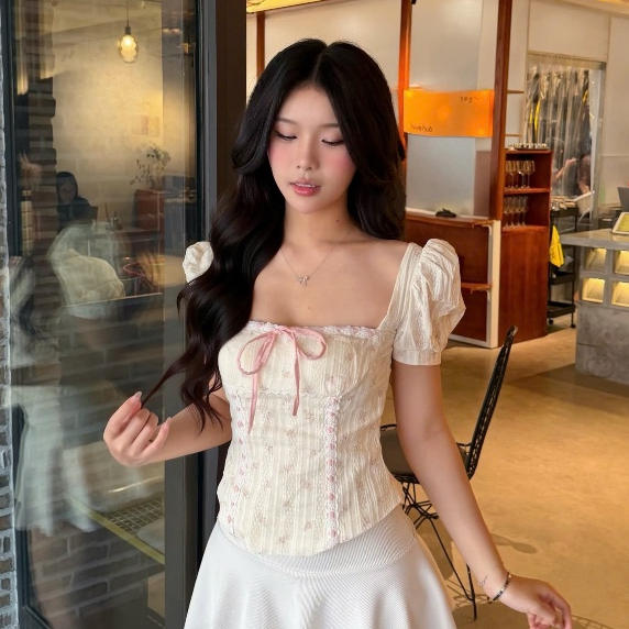 Áo Babydoll Kiểu Nữ Dáng Corset Cổ Vuông Tay Bồng Chiết Eo Lụa Hoa Mùa Xuân Hè Noiree - NA608