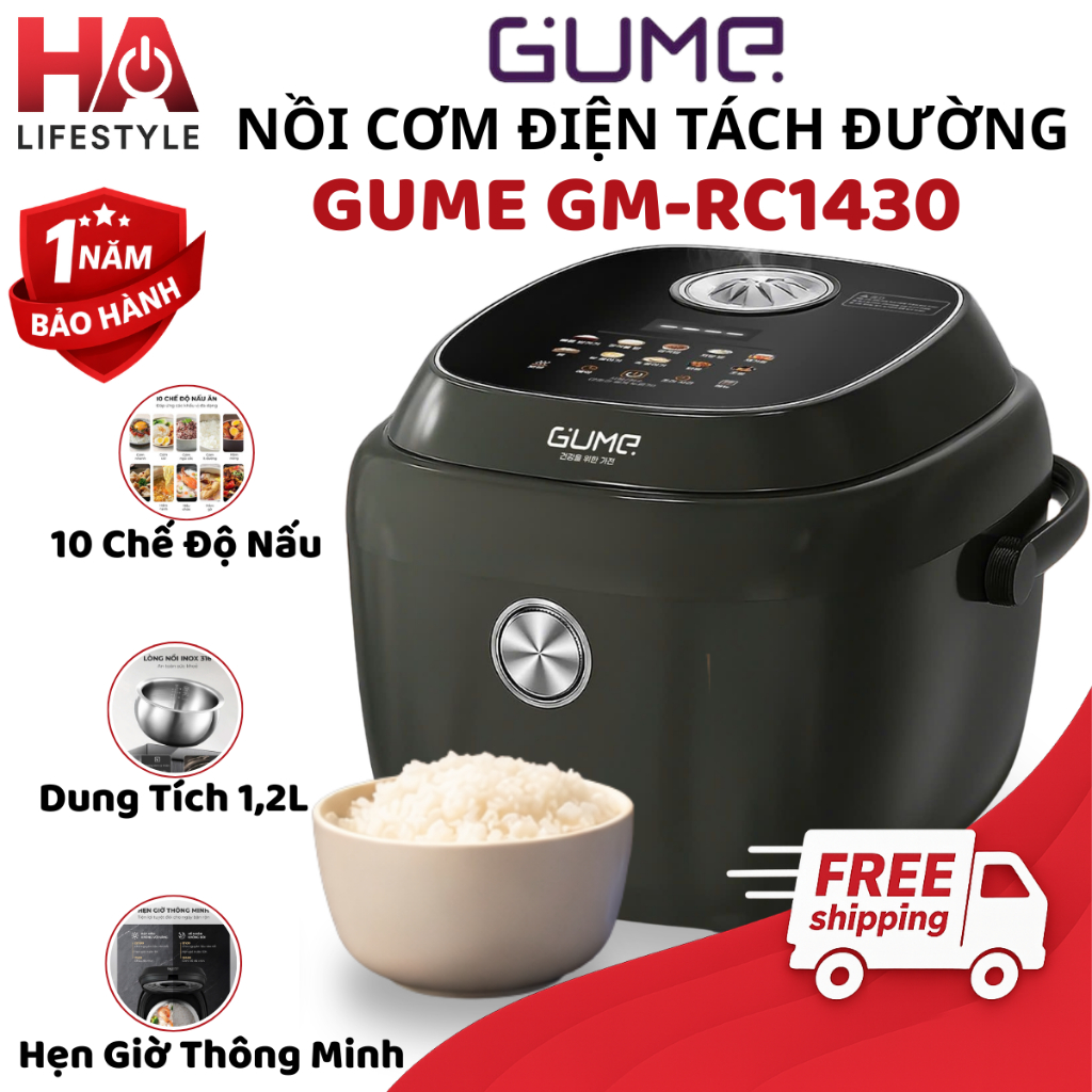 Nồi Cơm Điện Tách Đường Gume GM-RC1430 Dung Tích 1,2L Inox An Toàn-Nồi Cơm Tách Đường Chuẩn Hàn Quốc Tốt Cho Ăn Kiêng