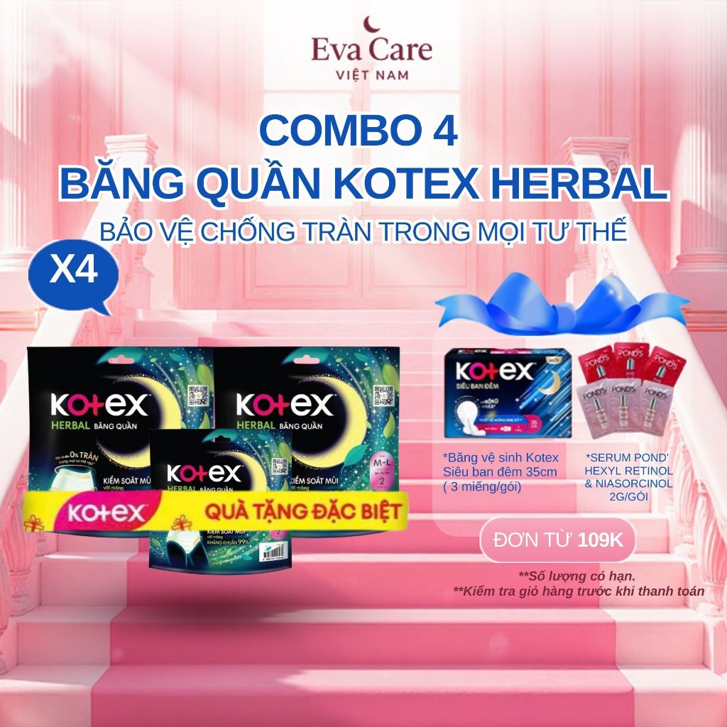 COMBO 4 ( 2 GÓI TẶNG 1 GÓI) KOTEX HERBAL BĂNG QUẦN M-L (2 MIẾNG/GÓI)
