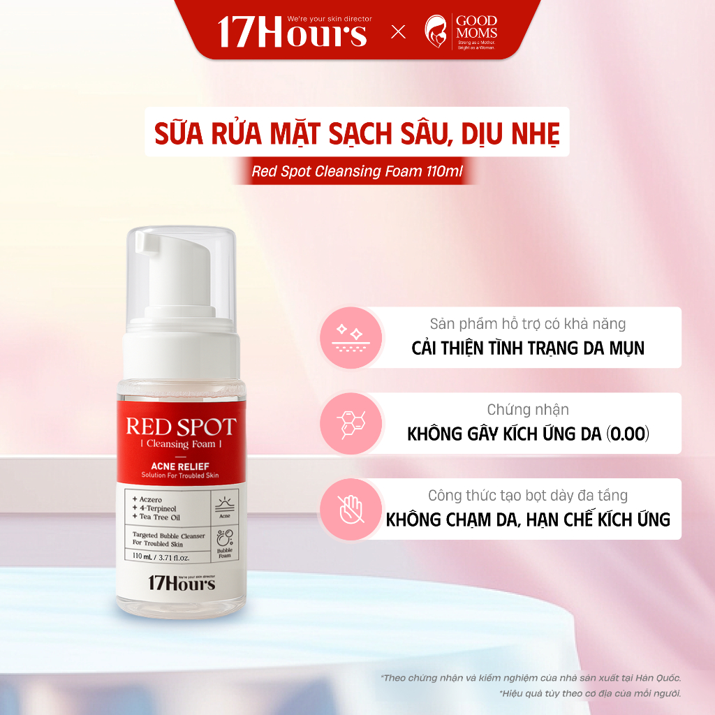 Sữa rửa mặt  làm sạch sâu, dưỡng da mụn 17Hours Red Spot Cleansing foam_Aczero và 8 loại HA 160ml