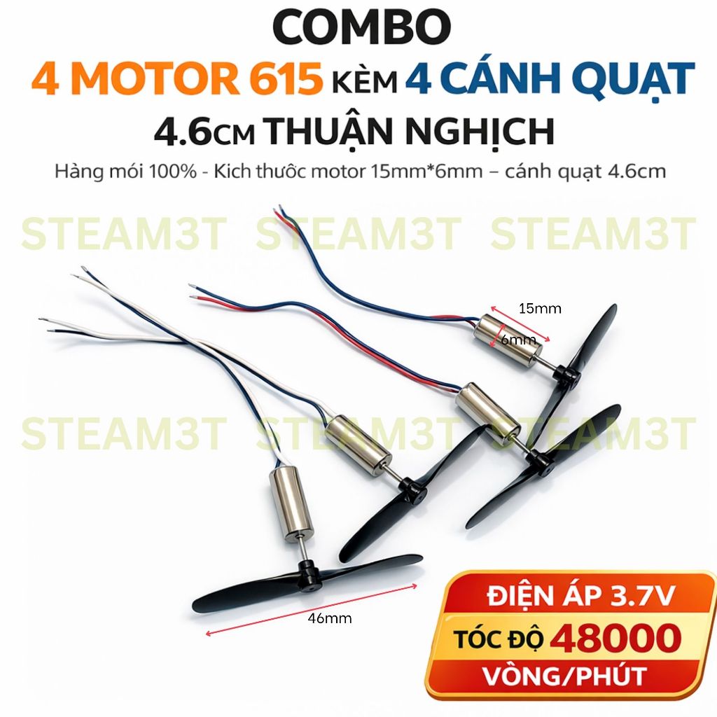 4 motor máy bay mini 615 kèm cánh quạt thuận nghich dây đen trắng xanh đỏ - LK0039