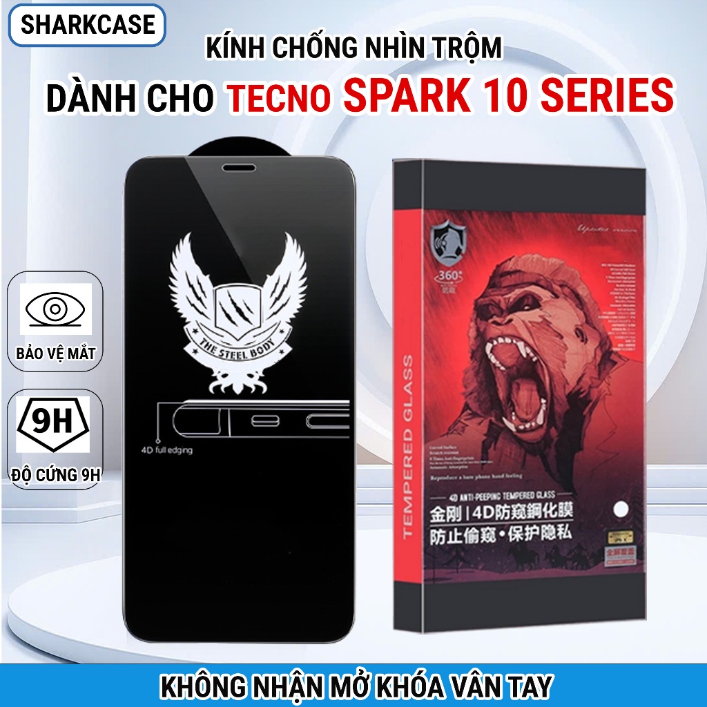 Kính cường lực Tecno spark 10, 10 Pro, 10C chống nhìn trộm full màn bảo vệ dt shark case