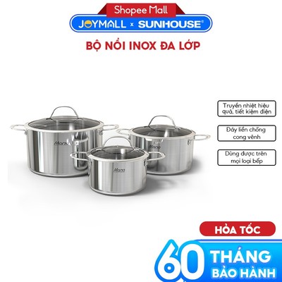Bộ Nồi Inox 304 Đáy Liền Đa Lớp Sunhouse Mama Shg70, Hàng Chính Hãng, Dùng Cho Mọi Loại Bếp- JoyMall