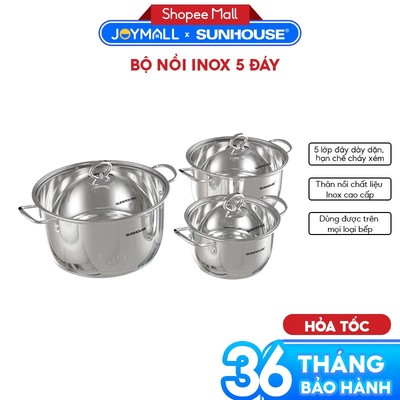 Nồi Inox 5 Đáy Sunhouse SHG788, Hàng Chính Hãng, Size 16-20-24, Dùng Được Trên Mọi Loại Bếp- JoyMall