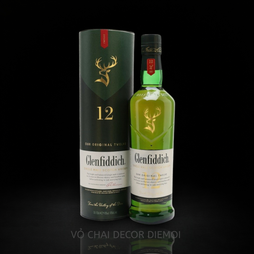 [ DIEMOI ] Vỏ Chai Rượu Glenfiddich 12 Năm 700ml | Chai Whisky Tam Giác Xanh Lá – Decor Kệ Rượu