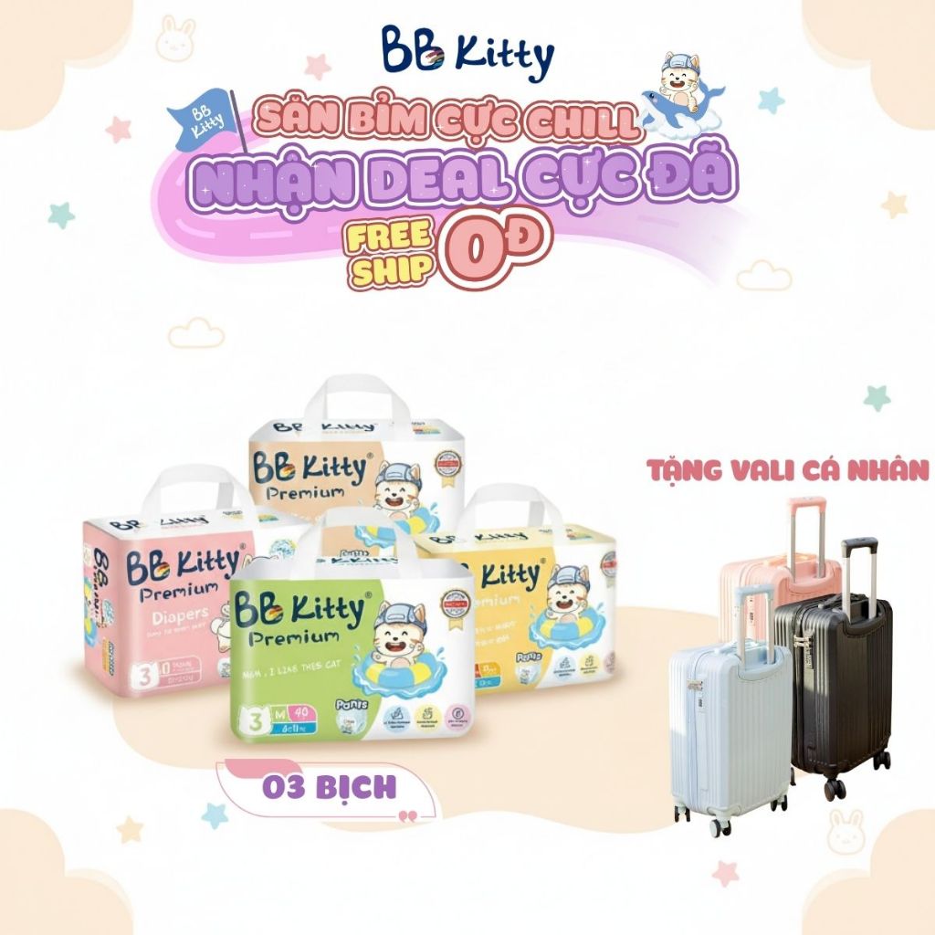 Tã Bỉm BB KITTY PREMIUM - COMBO 3 Bịch Bỉm TẶNG VALI