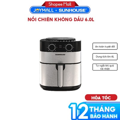 Nồi Chiên Không Dầu 1750W 6.0L Sunhouse SHD4026 Hàng Chính Hãng, Núm Điều Khiển, Tự Ngắt-JoyMall