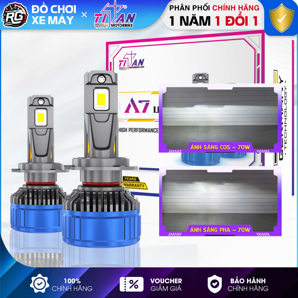 Bóng Đèn Led Ô Tô Xe Máy TITAN A7 Ultra, Công Suất 70W Siêu Sáng Chân H4, H7, H11, 9005 2 Năm BH
