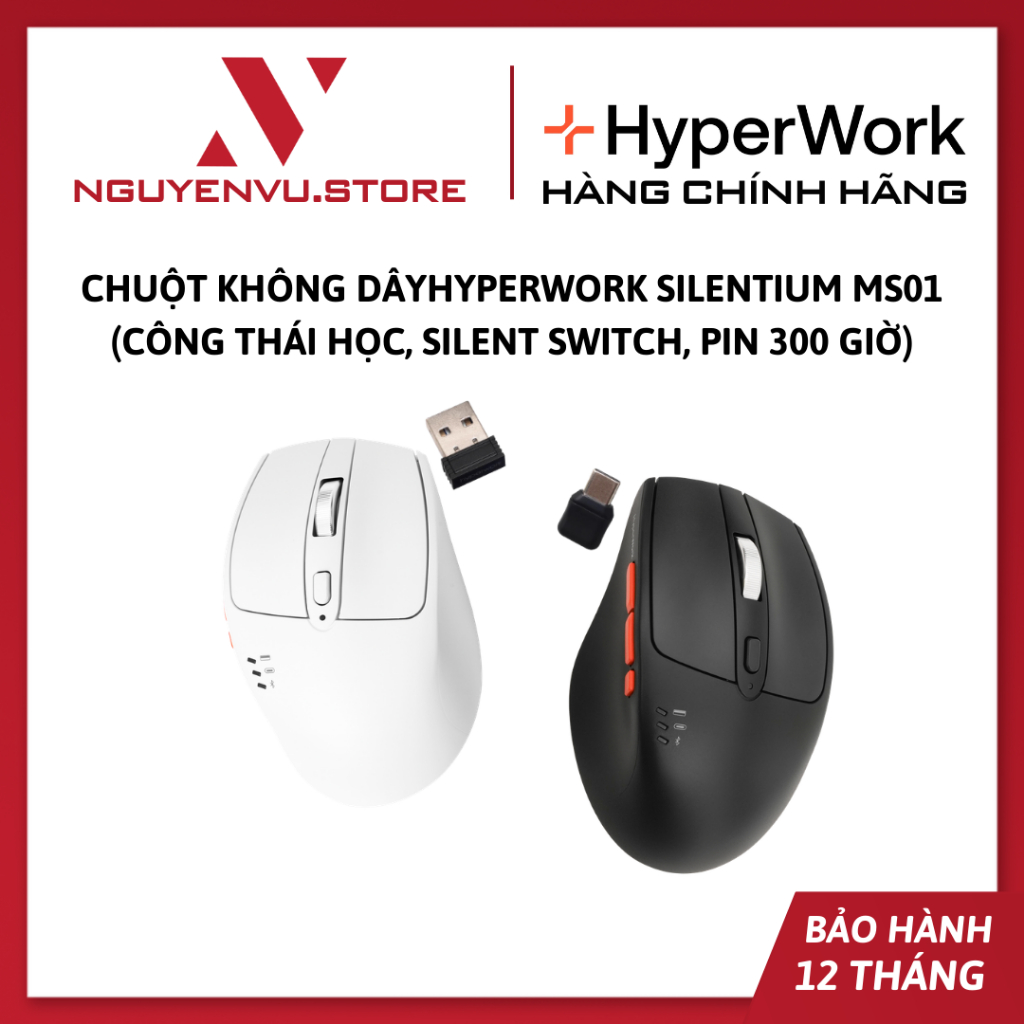 Chuột không dây HyperWork Silentium MS01 Silent - Bluetooth / 2.4Ghz (Gồm 2 đầu thu USB-A và USB-C) - Hàng chính hãng