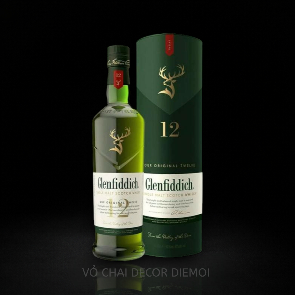 [ DIEMOI ] Vỏ Chai Glenfiddich 12 | Chai Whisky Scotland Màu Xanh – Decor Vintage, Bar Mini