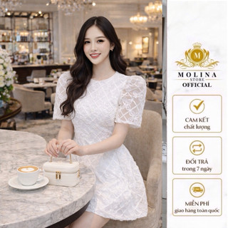 Đầm Ren Chữ A Thêu Hoa Hồng Thiết Kế Molina Tay Bồng Tiểu Thư Cổ Tròn Nữ Tính, Phù Hợp Đi Tiệc Dạo Phố