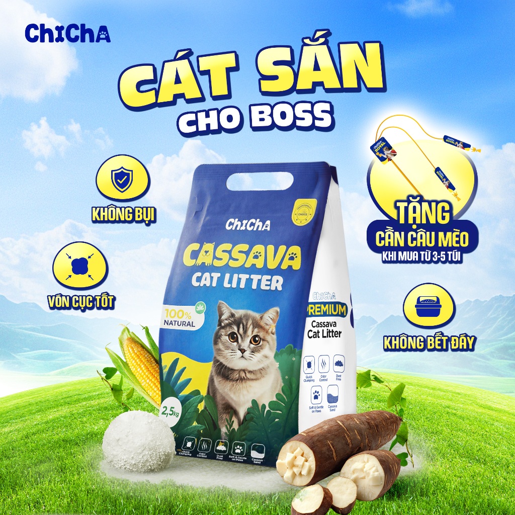 Chicha Cát Vệ Sinh Cho Mèo Cát Sắn Siêu Vón Cục, Không Mùi, Không Bụi, Không bết đáy (2,5kg/8lít)