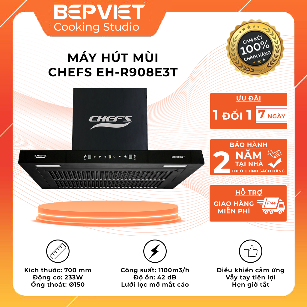 Máy hút mùi Chefs EH-R908E3T (70 cm), Tự động vệ sinh, Lực hút khoẻ, Chính hãng bảo hành
