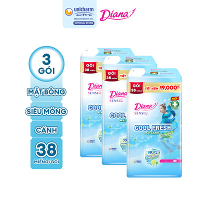 [KOL] Combo 3 Băng vệ sinh Diana Sensi Cool Fresh siêu mỏng cánh gói 38 miếng/gói