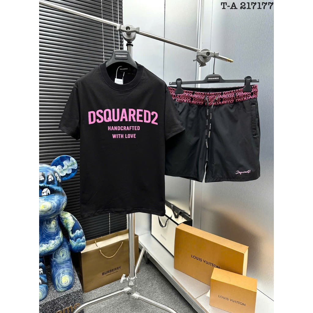 Bộ Cộc Thun Hè nam DSQ Hồng Thể thao  Cao cấp Chính Hãng, Set Bộ Cộc DSQuared Nam Hè co giãn 4 chiều