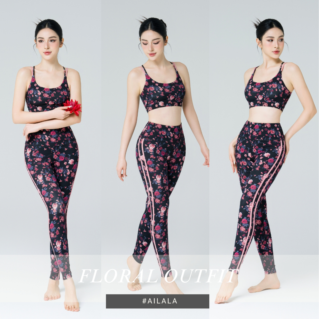 Bộ Đồ Thể Thao Yoga Gym Nữ AiLALA LUX69B, Phong Cách Mới Họa tiết Hoa hồng Quần Cạp Cao