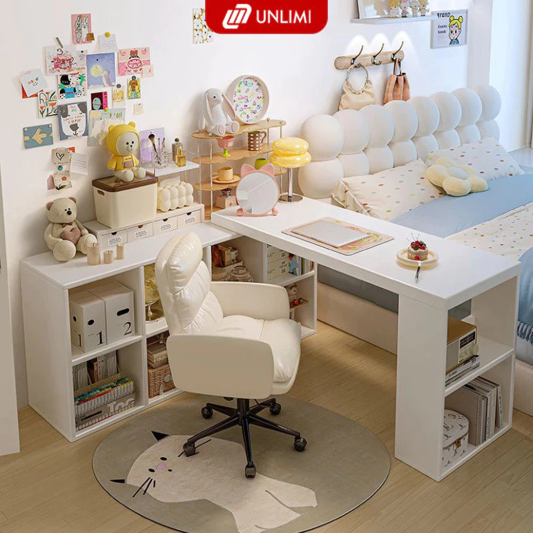 Bàn làm việc chữ L, bàn học kèm kệ sách thông minh gỗ MDF phủ melamin thương hiệu UNLIMI - GP368