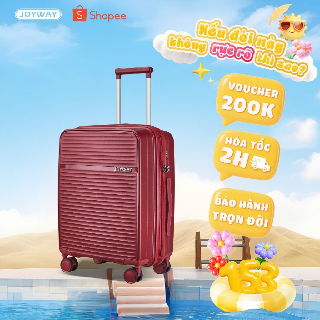 CHỐNG VA ĐẬP Vali Du Lịch JOYWAY Vali kéo nhựa PP chống bể vỡ Khóa TSA bánh xe xoay 360°