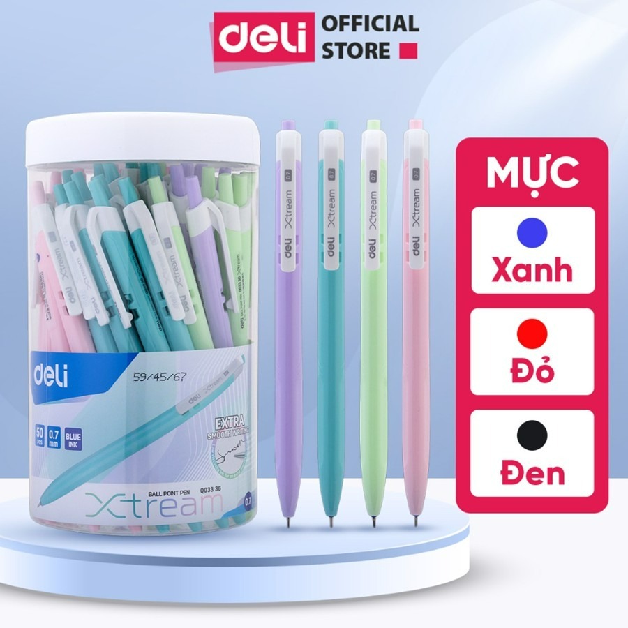 [1K3/Bút] Hộp 50 Bút Bi Bấm Mực Xanh/Đỏ/Đen Ngòi 0.7mm Deli Viết Nét Đều Trơn Tru Học Sinh Văn Phòng