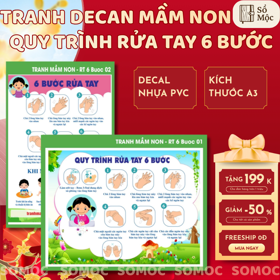 Tranh decan mầm non/ tiểu học/trường học -  quy trình rửa tay 6 bước CÁN FOMEX (6613)