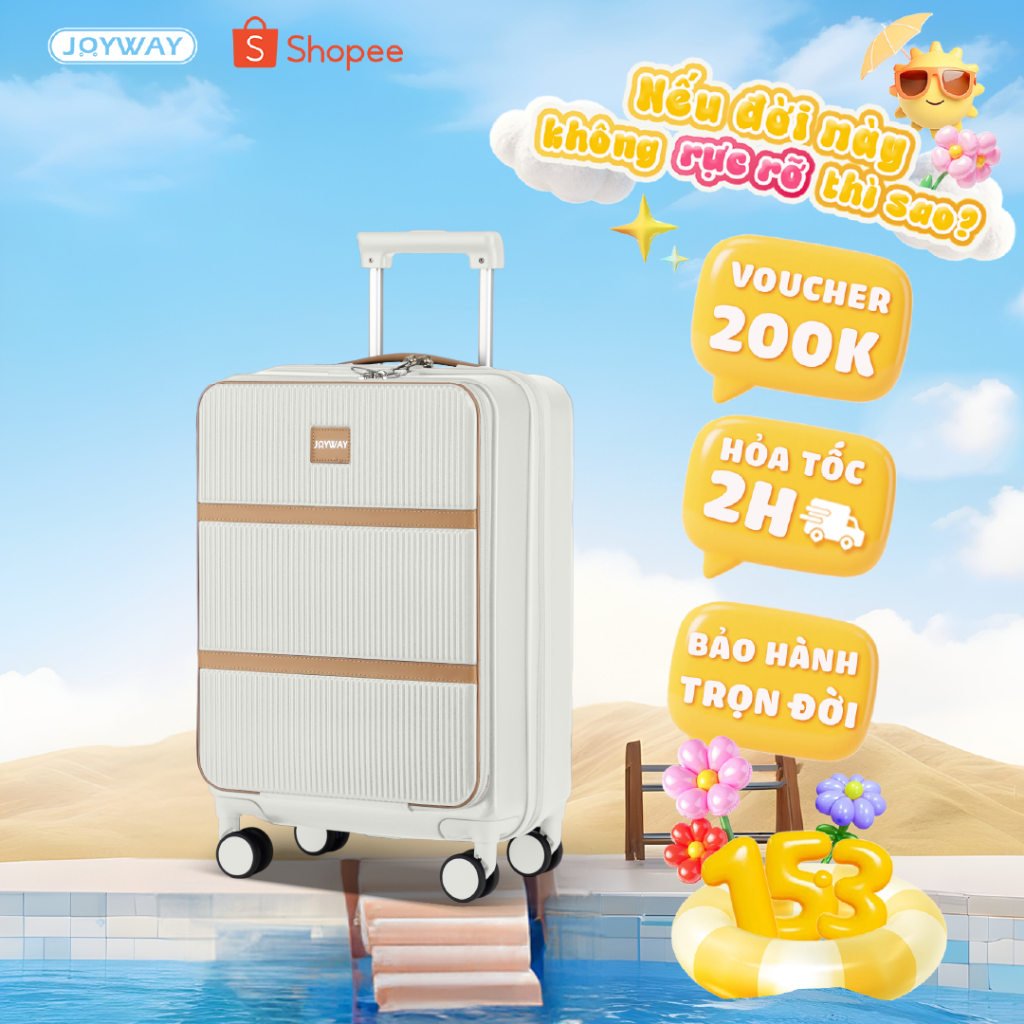 Vali Du Lịch JOYWAY 20 inch Mở Trước Có Ngăn Đựng Ly Chuẩn Cabin Máy Bay Nhựa Cứng Siêu Bền