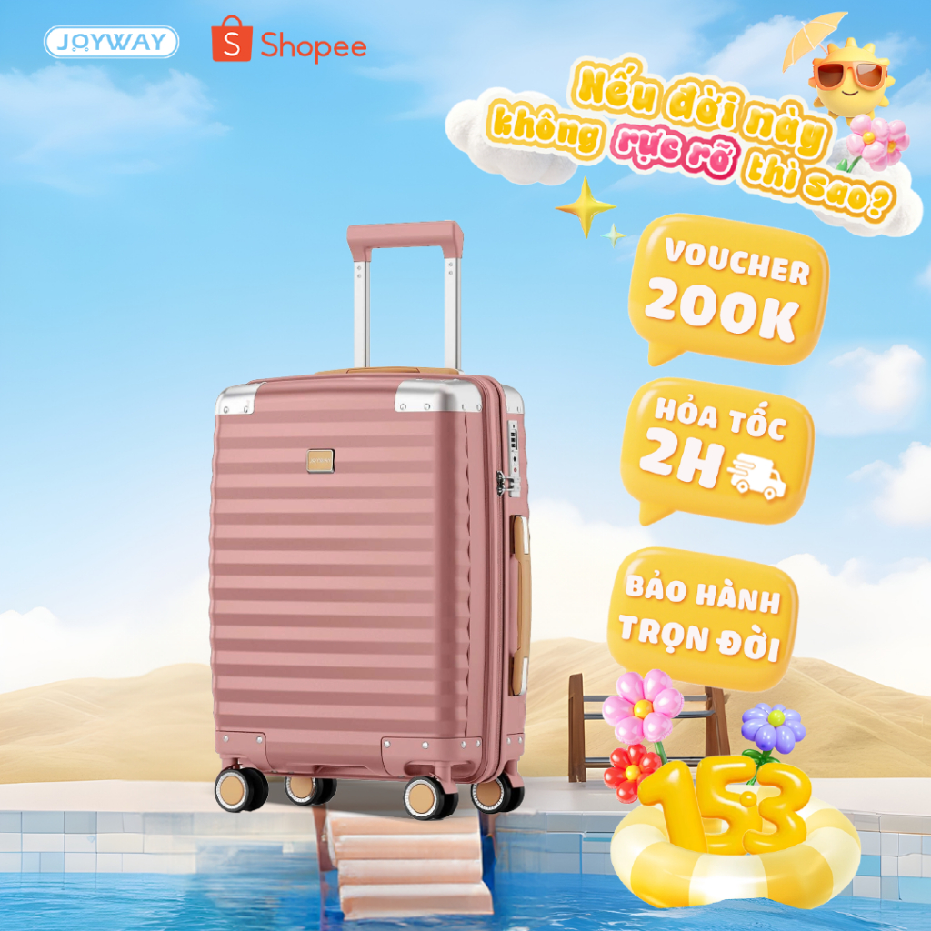 VALI Du Lịch Xách Tay Bo Kim Loại JOYWAY 20/24/28 Chống Va Đập Khóa TSA Bánh Xe 360°Chuẩn Cabin Bay