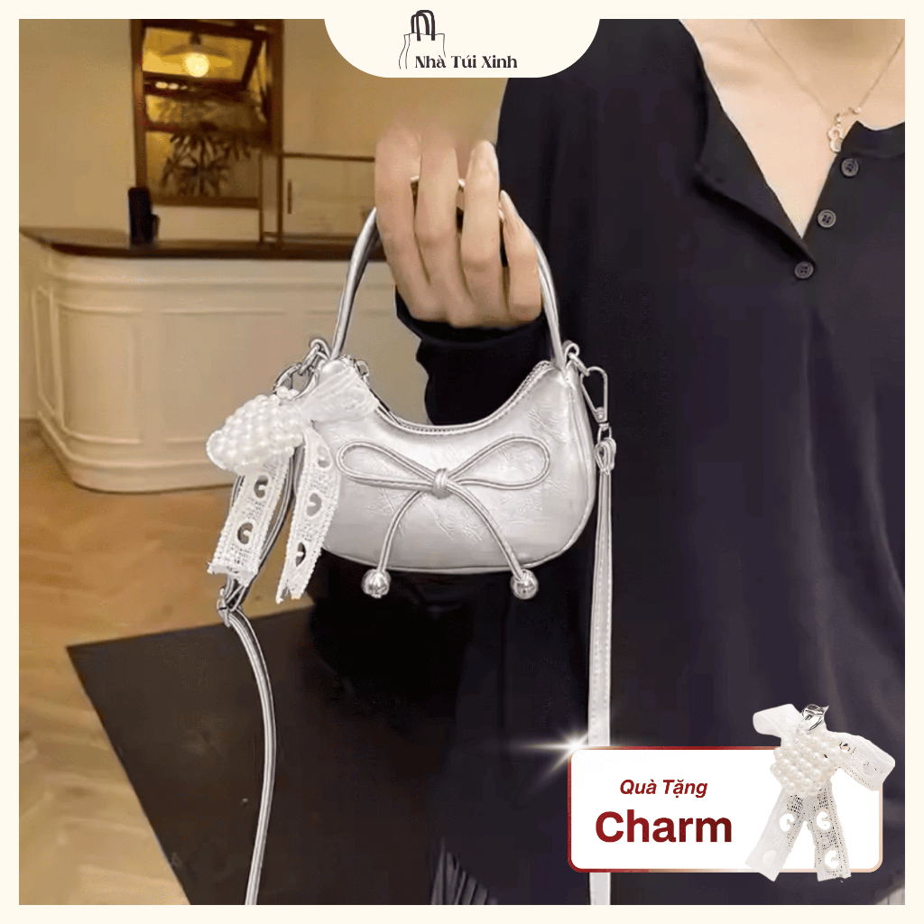 Túi xách mini da bóng đính nơ dễ thương kèm charm, túi đeo chéo mini dễ phối đồ