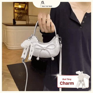 Túi xách mini da bóng đính nơ dễ thương kèm charm, túi đeo chéo mini dễ phối đồ