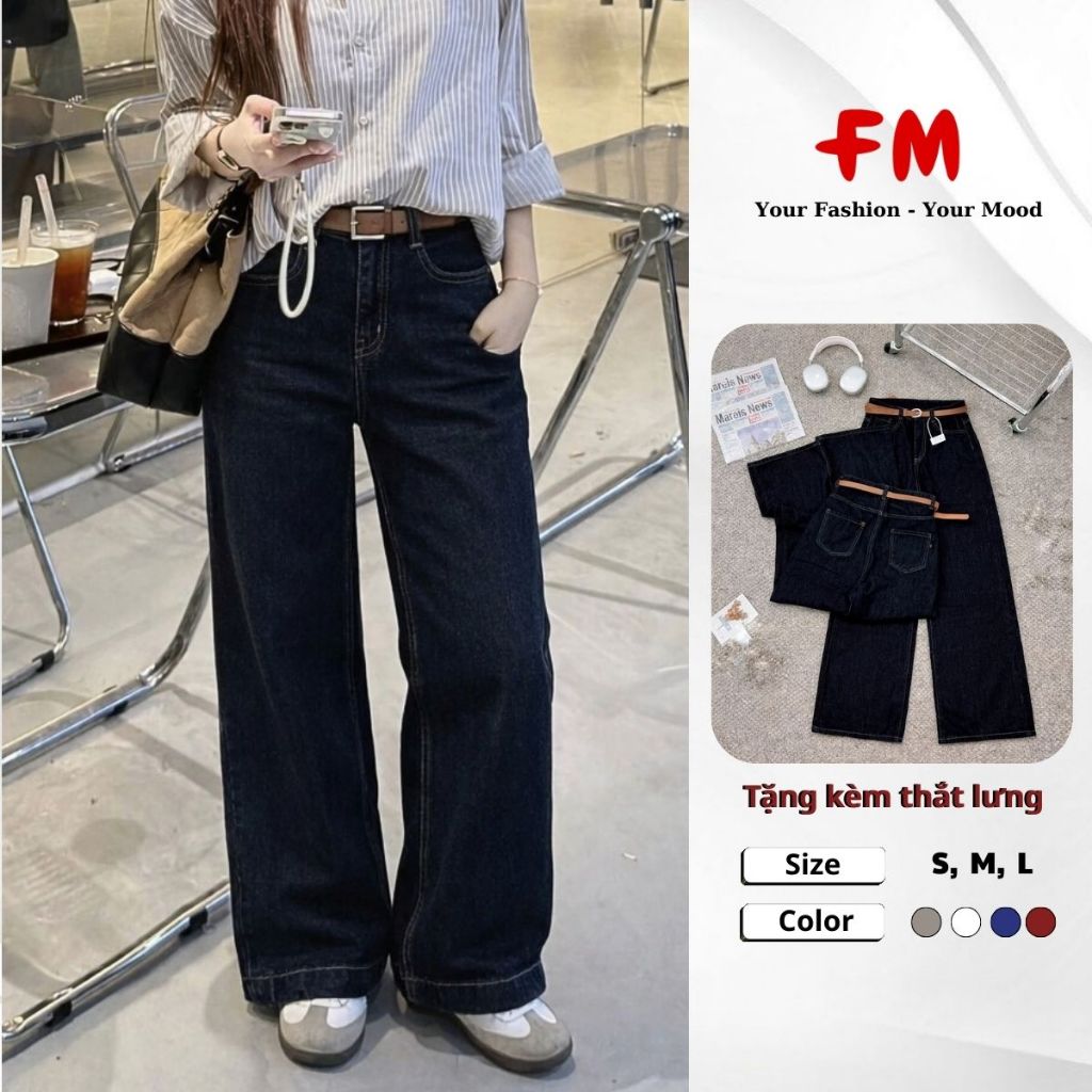 (TẶNG THẮT LƯNG) Quần Jeans Ống Suông Nữ FMSTYLE 2 Túi Trước 1 Túi Nhỏ Form Rộng Thời Trang 26030201