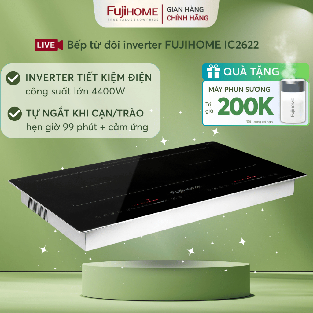 Bếp từ đôi Nhập khẩu FUJIHOME IC2622 4400W, bếp từ đôi lắp âm cảm ứng trượt mặt kính chống xước