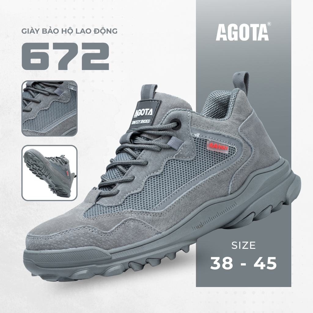 Giày bảo hộ AGOTA 672 chất liệu da lộn màu xám, mũi chống va đập và đế lót chống đâm xuyên