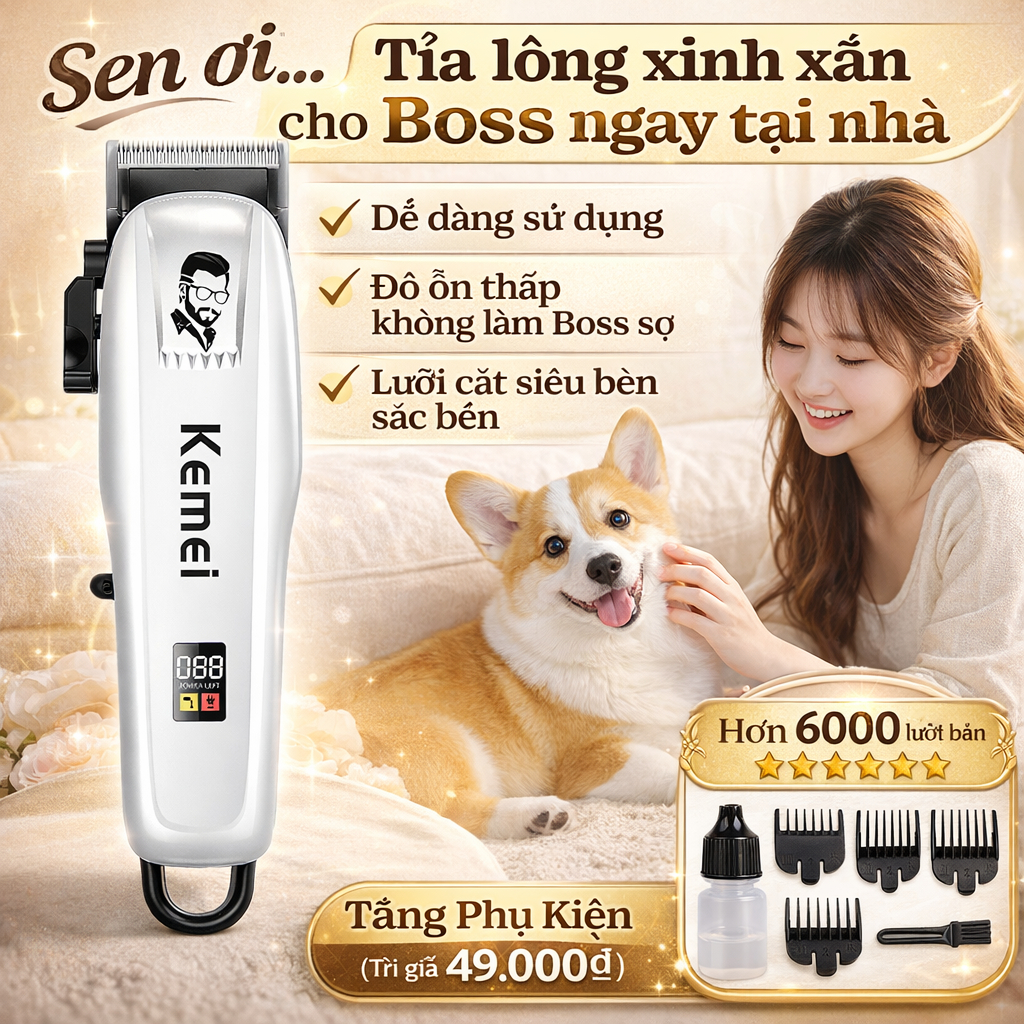Máy Cạo Tỉa Lông Chó Mèo Kemei KM-809PG, Tông Đơ Cắt Lông Thú Cưng Sạc Pin, Động Cơ Êm