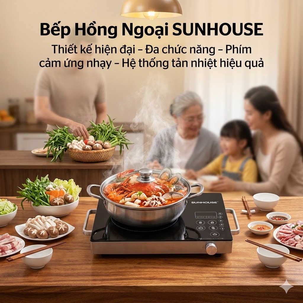 Bếp Hồng Ngoại SUNHOUSE SHD6017 Công Suất Mạnh – Nấu Lẩu, Chiên, Xào Nhanh Chóng, Mặt Kính Chịu Nhiệt Bền Bỉ Cho Gia Đìn