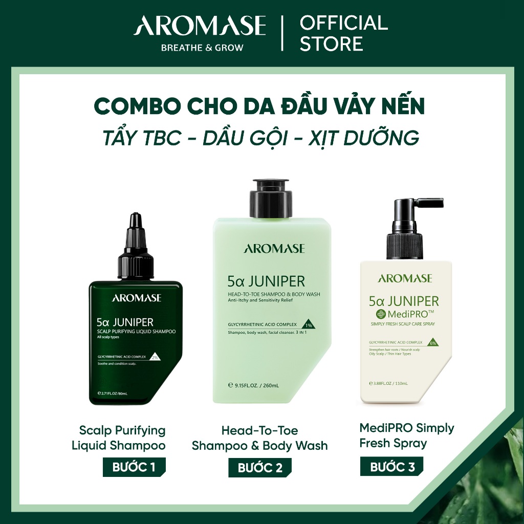 Combo AROMASE dành cho da đầu vảy nến: Tẩy tế bào chết - Gội - Xịt dưỡng thảo dược